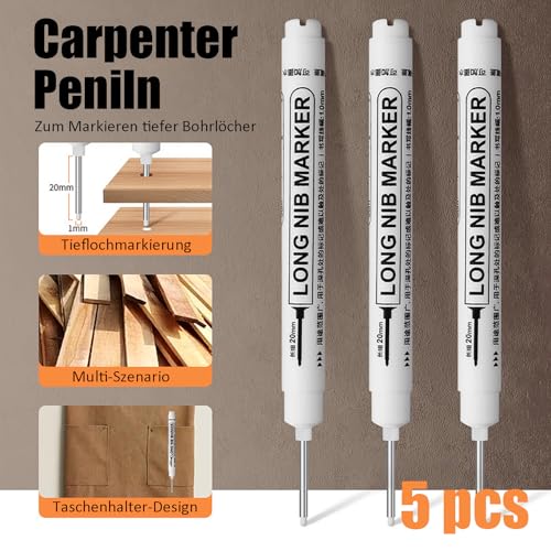 Caelura 5 Stück Tieflochmarker, Bohrlochmarker, 20mm Spitze Tiefenlochmarker, Markierungsstift für Holz, Kunststoff, Wand, Metall, Karton Baustellen Stift (Weiß)