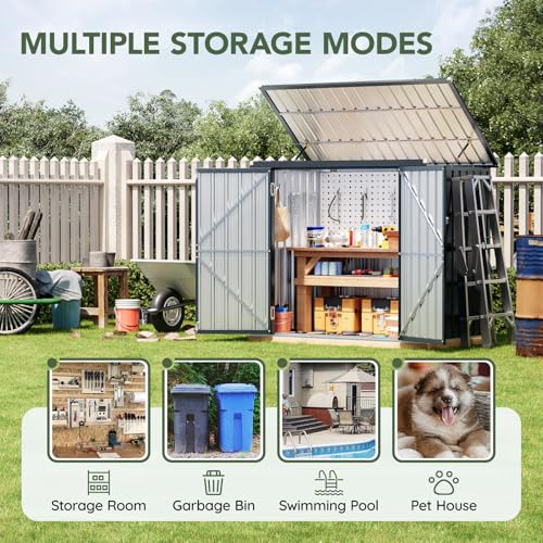 Image of 6x3 FT Outdoor Garbage Can Storage Shed with Lift-Up Lid & Double Doors, Metal Trash Can Enclosure with Sloped Roof, Gas Strut & Lockable Door, Weatherproof Trash Bin Shelter for Patio Backyard