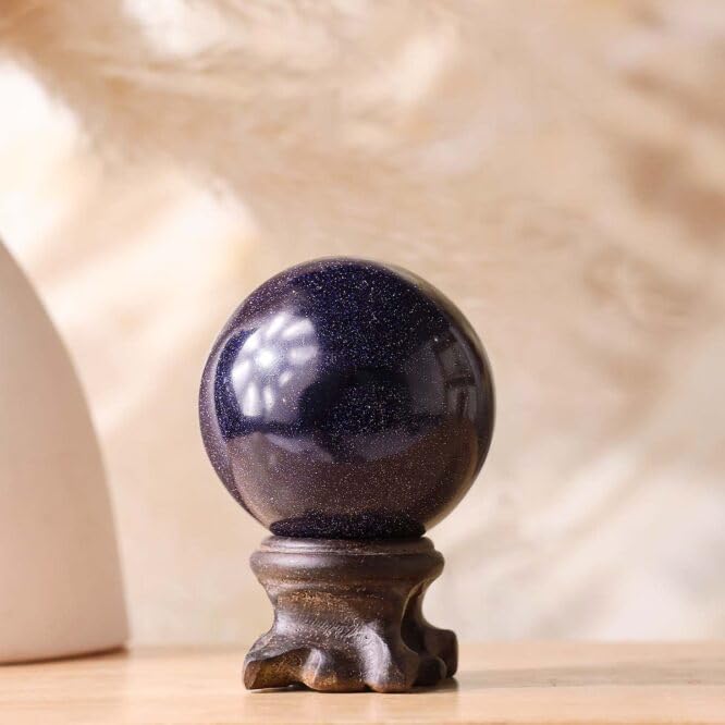 Image of Blue Goldstone Crystal Ball 100-150 Gm with Wooden Stand | Polished Healing Crystal Sphere for Reiki, Meditation, Feng Shui, Vastu Decor & Crystal Collection