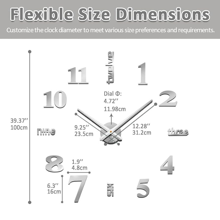 Frameless Large 3D DIY Wall Clock Mute Mirror Stickers Home Office School Decoration (Silver-73