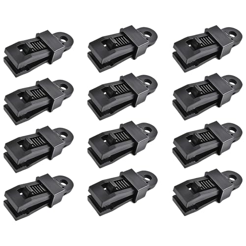 Tarp Clip Clamp 12 PCS Heavy Duty Tarpaulin Clips Set Plastic Tent Clips Camping Tent Clips Black Reusable Awning Clamps Instant Awning Clamp for Tents Tarp Caravan Garden Shade Cloth Boat Cover