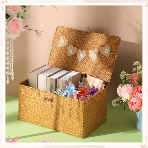 Image of Geelin Sea Grass Wedding Card Basket With Letter Flag Decorative Wedding Card Woven Post Box Suitable For Baby Showers Birthdays Graduation Ceremonies Bridal Showers(14 Inch,Natural Color)