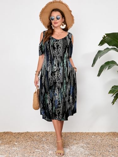 Image of LARACE Plus Size Women Dress for Summer, Midi Women's Sundress, Casual V-Neck Short Sleeve Flowy T-Shirt Dresses with Pockets