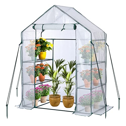 JUNGLE STONE Walk In Greenhouse with Steel Frame and Reinforced PE Plastic Cover 3 Tier 4 Wired Shelves Greenhouse Plant Nursery for Small Gardens, Patios, Perfect for Tomato Growing Easy to Assemble