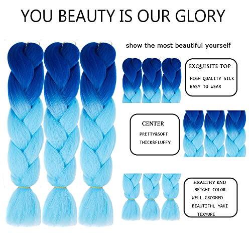 Jumbo Braiding Hair Synthetic Ombre Braiding Hair 3 Pack 24 Inch High Temperature Synthetic Crochet Braids Hair Extensions(Blue/Sky Blue) #TOP2
