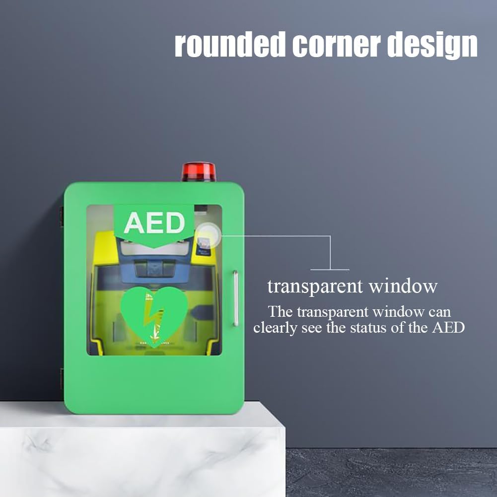 AED-Defibrillator-Schrank, AED-Alarmbox mit abgerundeten Ecken und Edelstahlgriff, transparentem Glasfenster Doppelschaltersteuerung zur Wandmontage