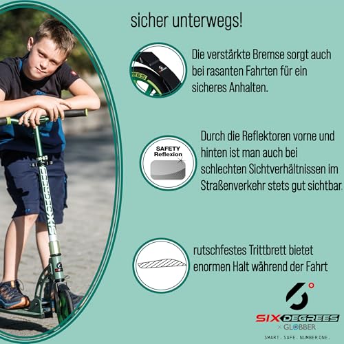 SIX DEGREES Aluminium Scooter mit Klappmechanismus u. St&auml;nder, 205 mm, h&ouml;henverstellb., GS-gepr&uuml;ft, Mint, TESTSIEGER