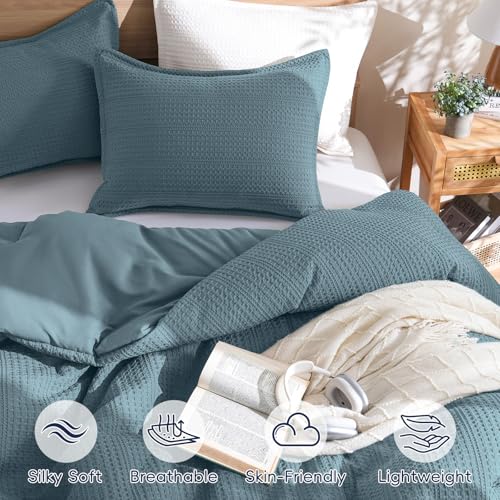 PHF Soft Waffle Comforter Set Queen Size- Comfy Breathable Waffle Weave Comforter with 2 Pillow Shams, 3 Pieces Less Snagging Lightweight Textured Bedding Set for All Season, Stormy Blue by PHF - Used condition - Image 4