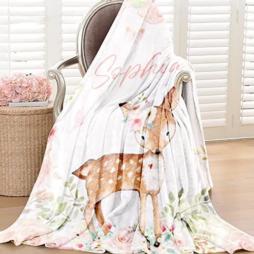 Image of Personalized Deer Baby Blanket for Girl Custom Name Blanket for Newborn Kid