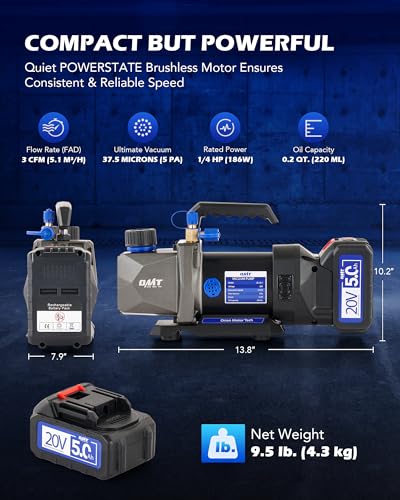 Image of Orion Motor Tech Cordless Lithium-Ion HVAC Vacuum Pump, 3 cfm Vacuum Pump, Battery-Powered Auto AC Vacuum Pump for R134a R410a R1234yf Systems, 1 /4hp Single Stage Vacuum Pump Automotive