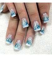 ZASKHLD Christmas Press on Nails Short Square Fake Nails with Gradient Blue French Glitter Design...