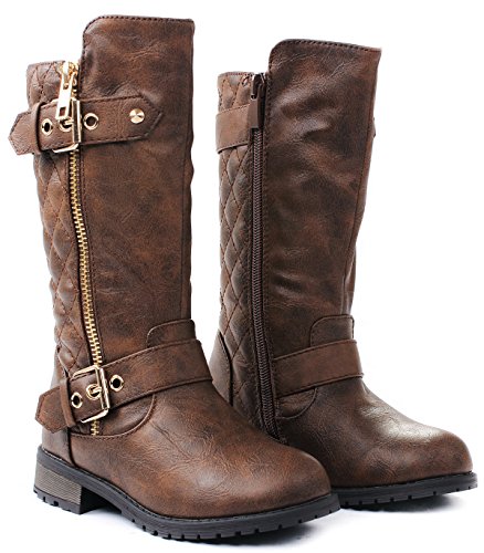 JJF Shoes Kids Girls Mango21 Brown Dual Buckle/Zipper Quilted Mid Calf Motorcycle Boots-113