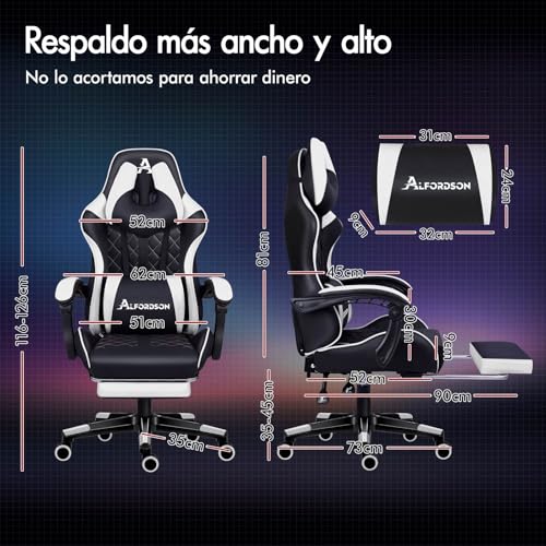 Miniatura 2 de Alfordson Silla Gaming Con Masaje, Reposapiés Y Soporte Lumbar, Reclinable 150 , Respaldo Alto Para Gaming Y Oficina, Capacidad De 180 Kg, Cuero Sintético, Blanco