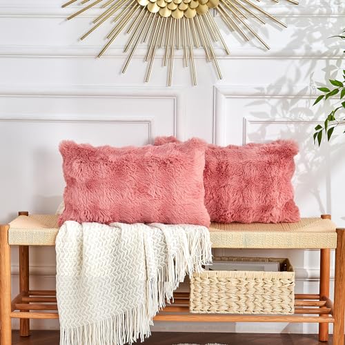 Image of Lotus Karen Faux Rabbit Fur Throw Pillow Covers 12x20 Inch Old Pink - Thick Bubble Fluffy Fuzzy Decorative Cushion Cover for Sofa Bedroom - Soft Plush Pack of 2 Pillow Cases