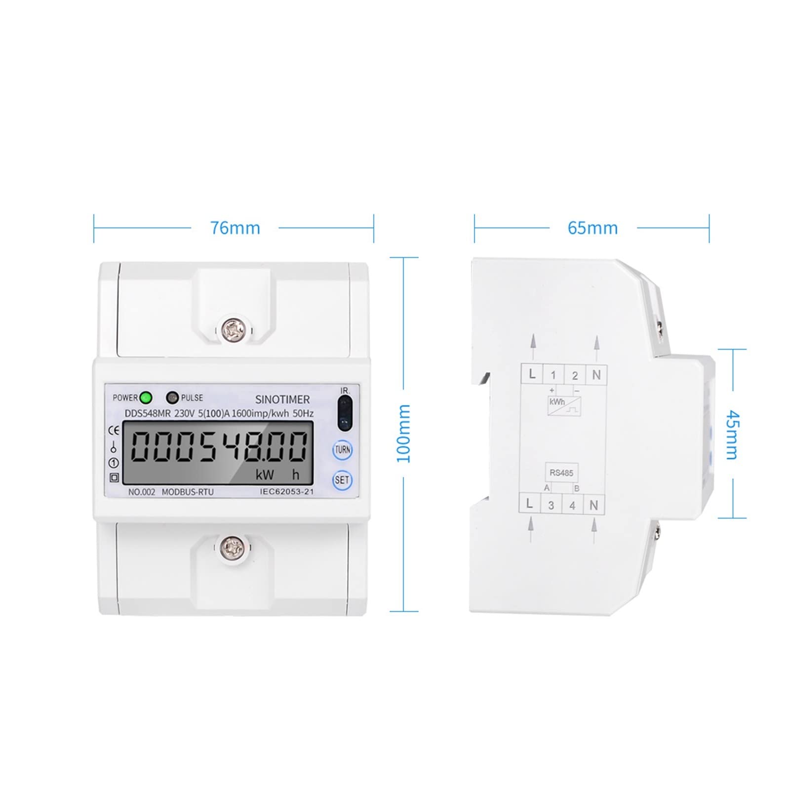 Compteur Électrique Monophasé, Multi Fonction monophasé 5-100A 230V AC Compteur d'énergie Compteur de consommation électrique Moniteur DIN Rail avec RS485 Modbus, Facile à Installer
