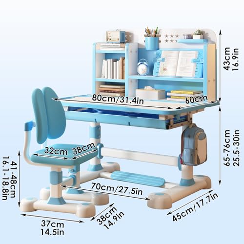 Napacoh Juego de escritorio infantil, escritorio de altura ajustable para niños con silla, mesa inclinable 50°, estantería y cajón para dormitorio y estudio (azul B) - imagen 8