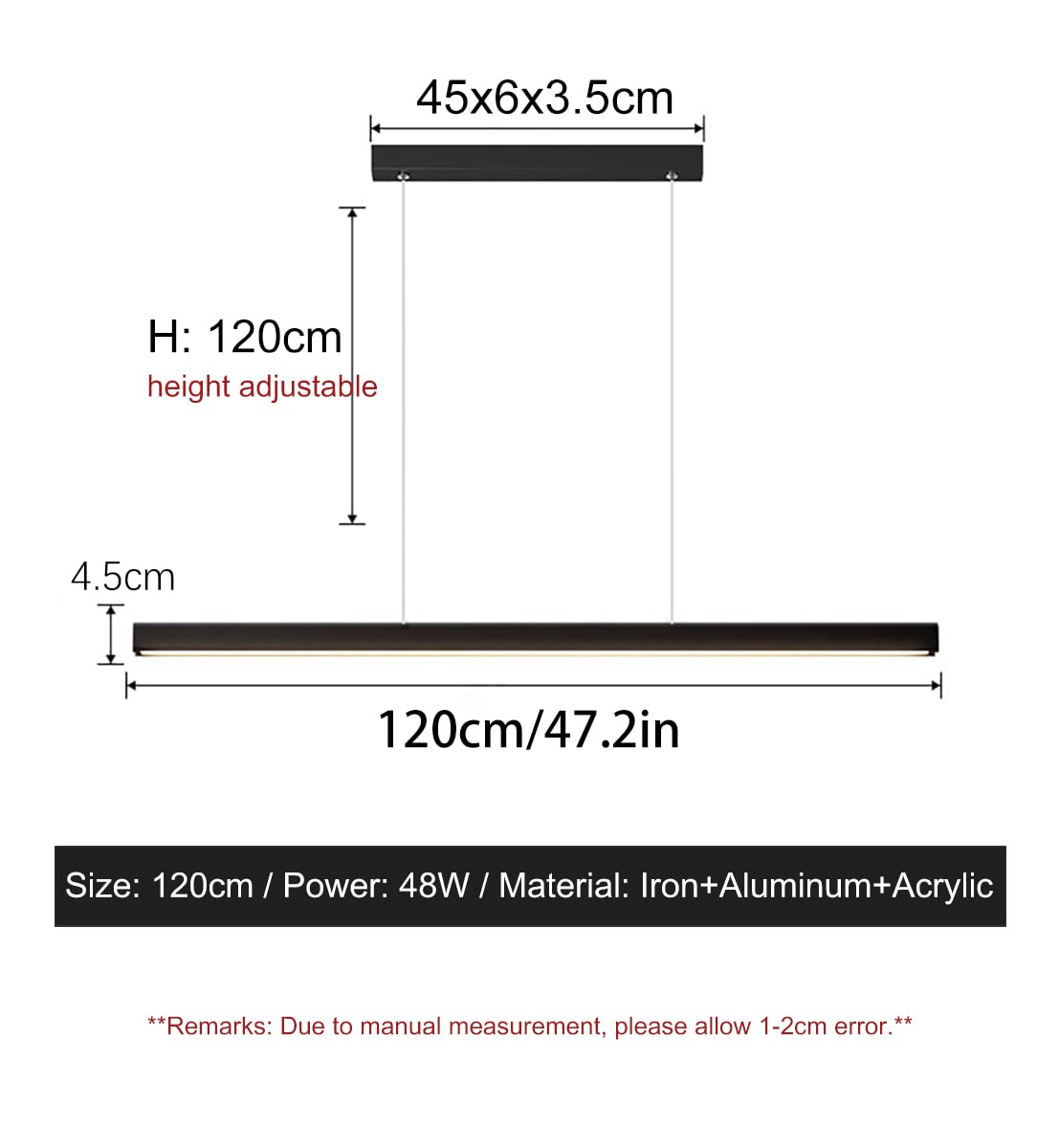 kinkiety， Lampa wisząca LED, ściemnialna, regulowana wysokość, pilot, liniowy(White,120CM/48W)