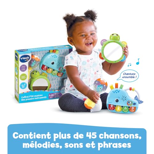 VTech Coffret P’tit Musicien Mes Premiers Instruments Premiers Jouets Bébé Piano Lumineux et Interactif Tambourin Miroir et Hochet Maracas Cadeau de Naissance Contenu en Français - vue 5