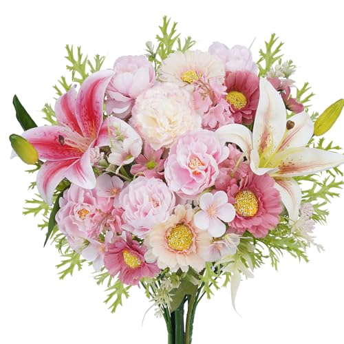 Luabue Flores Rosadas Artificiales Decoracion Peonía Artificial Clavel Lirio y Crisantemo con Plantas Acuáticas Ramo Artificial Flores de Seda Decoracion para Boda San Valentín Día de la Madre