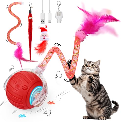 Image of Interactive Cat Toy Ball - Christmas Cat Toys for Indoor Cats with Feather Tails for Chasing, Moving Stimulation Smart Cat Toy for Enrichment, Motion Activated Automatic Rolling Toys to Keep Them Busy