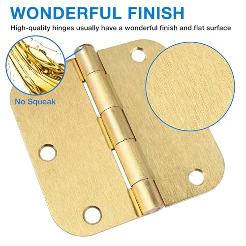 Image of 3 Pack Round Door Hinges 3-1 /2 inch x 3.5 inch, 5 /8 Radius, Brushed Brass 3 Inch Satin Gold House Interior Hinge for Bed /Living /Guest /Pantry /Storage /Study /Work Room Doors Heavy Duty Iron Hardware Kit