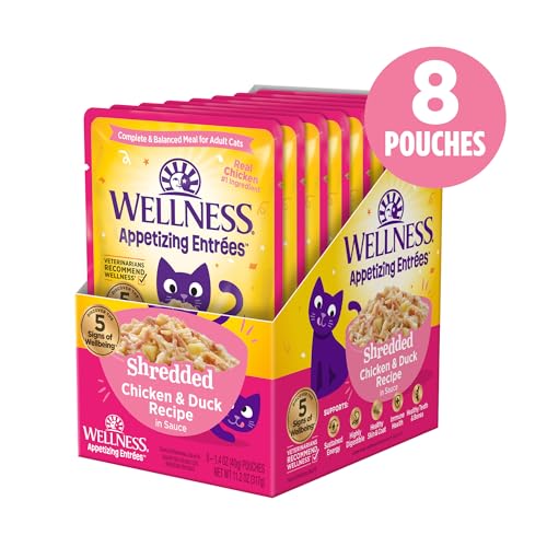 Image of Wellness Appetizing Entrees Shredded Adult Wet Cat Food, Natural, Protein Rich, Grain Free, Chicken and Duck Recipe, 1.4 oz, Pack of 8 Pouches