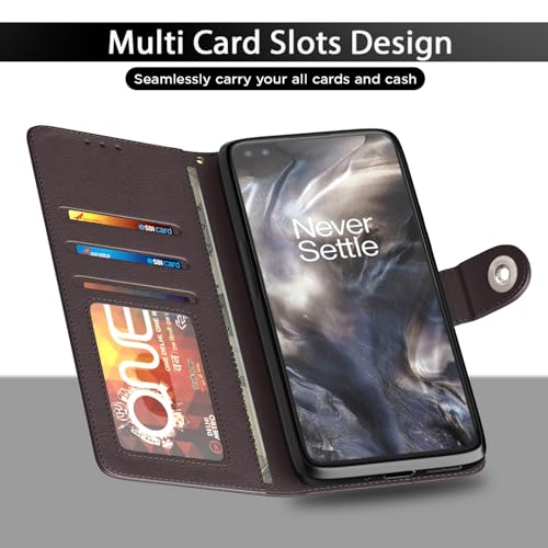 Image of Pikkme Flip Cover Leather Finish | Inside TPU with Card Pockets | Wallet Stand and Shock Proof | Complete Protection Button Flip Case for Oneplus Nord (2020) (Coffee)