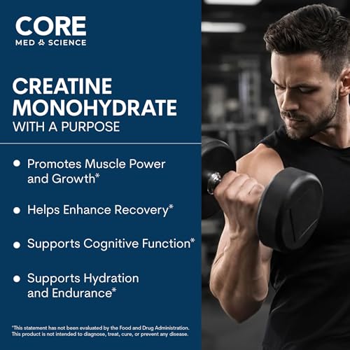 Image of Core Med Science Creatine Monohydrate Powder - NSF Certified for Sport | 5g Pure Micronized Creatine, Unflavored Supplement for Strength, Recovery, Brain Energy, & Mental Focus, 90 Servings
