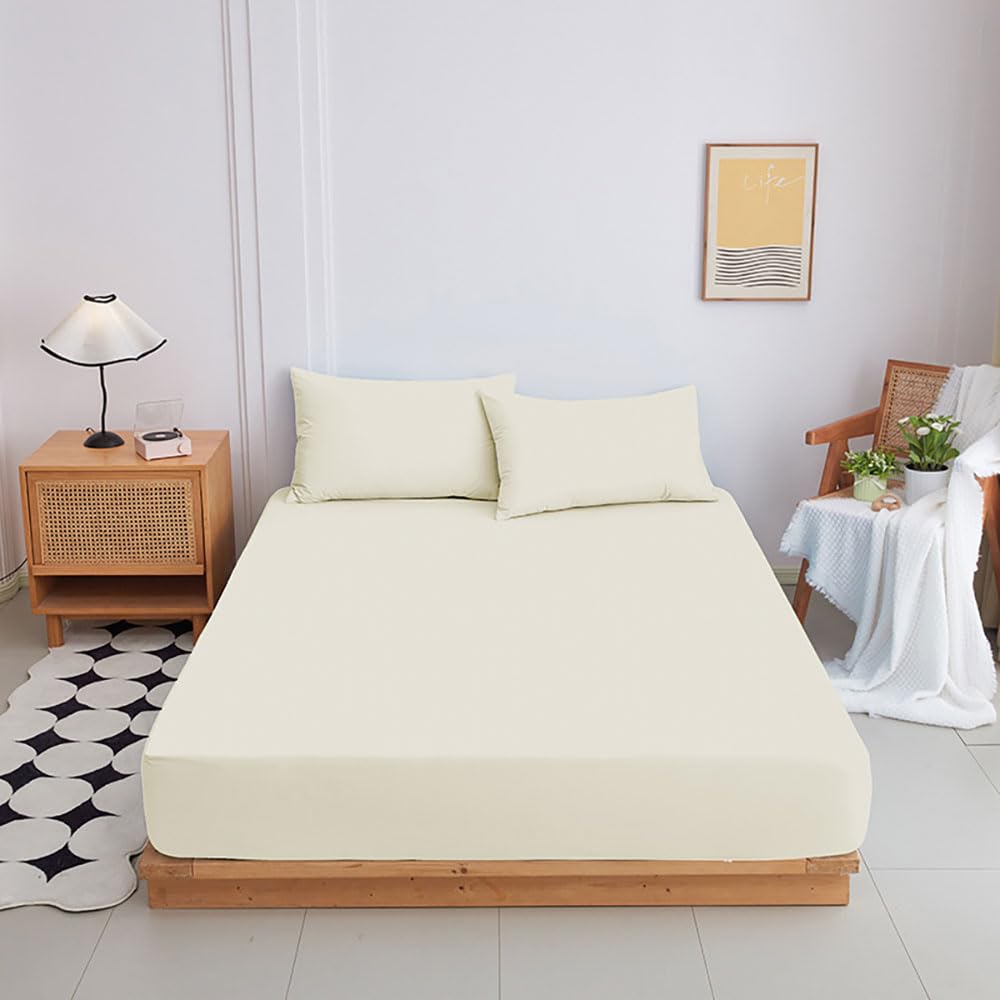 Highdi Fitted Sheets Deep Pocket 20cm, Sheet Bedding washable Sheets Linens Ultra Soft Easy Care Fade Resistant for Single Double King Size Bed (Cream,100x200+20cm)