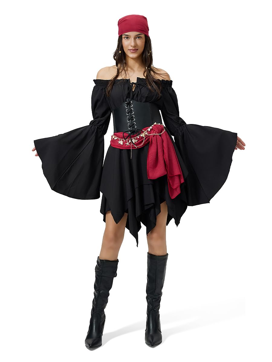 Costume pirate femme, robe à épaules dénudées avec corset, foulard & ceinture, chaîne de taille dorée coquillage + perles dreadlocks, déguisement carnaval adulte & soirée à thème
