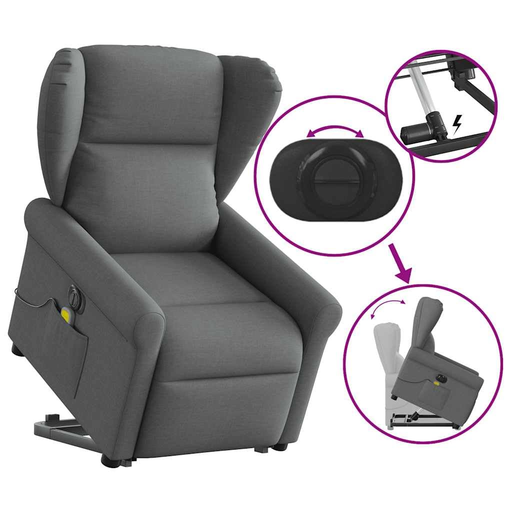 Sillón elevador eléctrico con masaje reclinable, color gris oscuro, de tela con 6 puntos, vibración y función de elevación, para un asiento cómodo y relajante