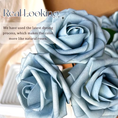 50pcs Artificial Flowers Light Blue Foam Fake Rose with Stems 12 Leaves Real Looking Faux Roses for Wedding Bouquets Bridal Shower Centerpieces Arrangements Party Tables Decorations DIY Dusty blue by LCiclly - Used condition - Image 2
