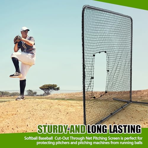 RoundFunny Baseball Pitching Net Screen 7ft x 7ft Softball Batting Machine Protective Screens with Steel Frame Carry Bag Cut-Out Through Net for Baseball Practice Training Equipment by RoundFunny - Image 4