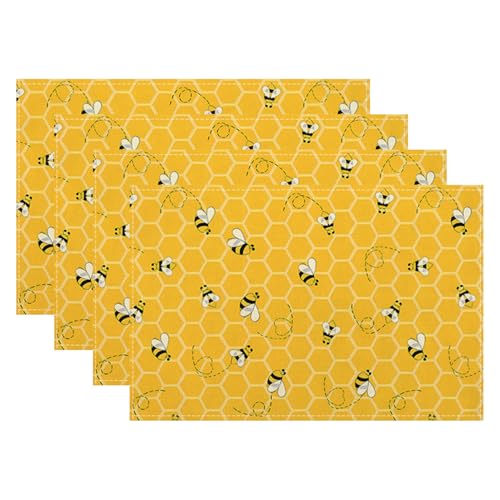 Mustard Yellow Placemats Set of 4 Cute Honey Bee Summer Decor Place Mats 12x18 Inch Honeycomb Seasonal Holiday Decorative Linen Table Mats for Home Kitchen Dining Party Table Decoration