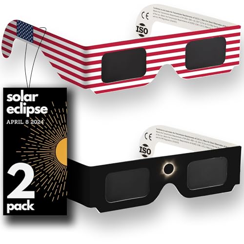 Solar Eclipse Glasses Approved 2024, (2 Pack) CE and ISO Certified Solar Eclipse Observation Glasses, Safe Shades for Direct Sun Viewing (colours may vary)