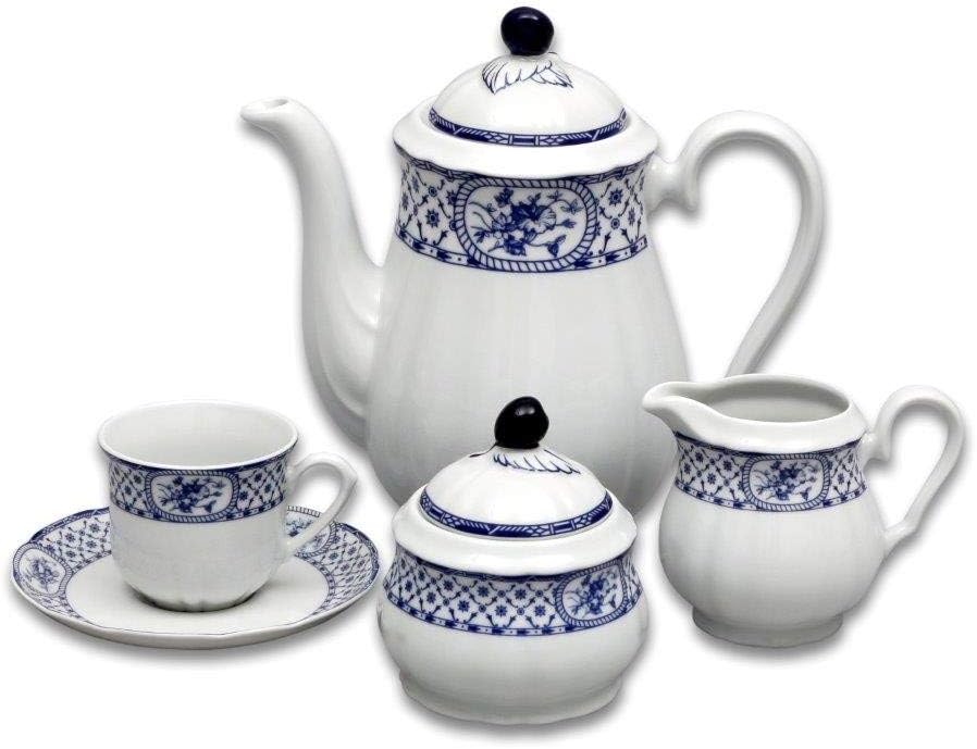 Porcelain Coffee Set Rose IV. | 6 Cups (8oz) with Saucers, 1 Coffee Pot with Lid (41oz), 1 Sugar Bowl with Lid, 1 Milk Pot | Decorative China Full Serving Coffee Set