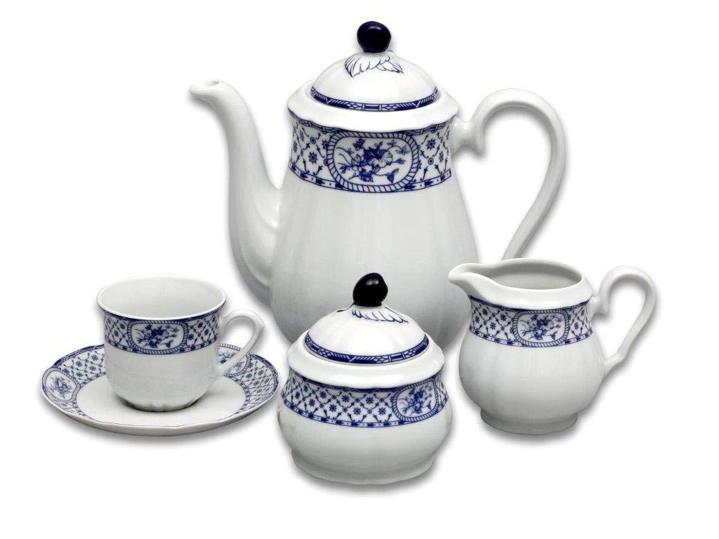 Porcelain Coffee Set Rose IV. | 6 Cups (8oz) with Saucers, 1 Coffee Pot with Lid (41oz), 1 Sugar Bowl with Lid, 1 Milk Pot | Decorative China Full Serving Coffee Set