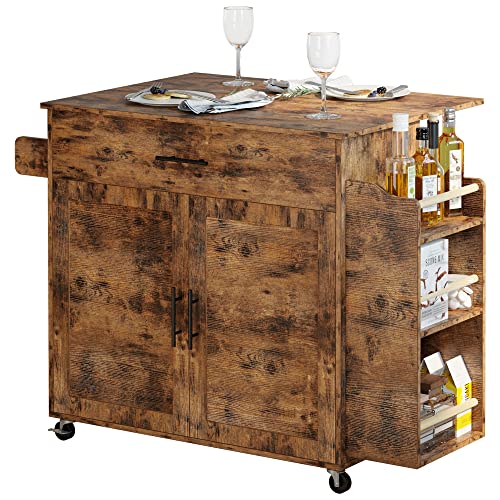 IRONCK Kitchen Island with Storage, Rolling Kitchen Island on Wheels with Drop Leaf, 3 Open Spice Rack Shelf, Door Cabinet, Drawer, Kitchen Cart Island Table for Kitchen, Vintage Brown