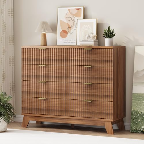 Image of Xixini Fluted Dresser for Bedroom with 8 Drawers, 48 inch Wide Modern Chest of Drawers with Metal Handle, Wooden Dresser TV Stand, Wood Closet Clothes Storage Organizer for Living Room, Hallway, Walnut