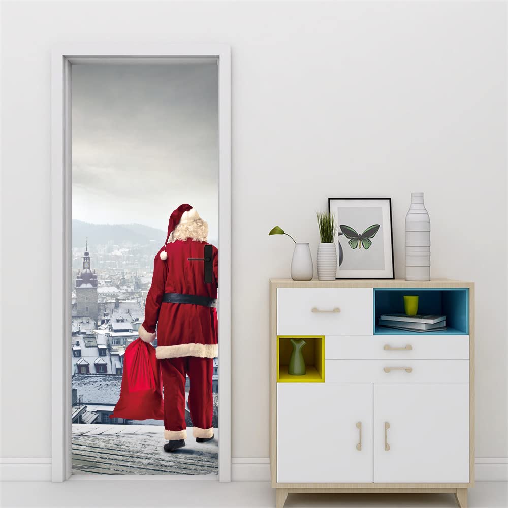 Sticker poster porte trompe l'oeil en PVC lavable 95x215 cm motif Père Noël