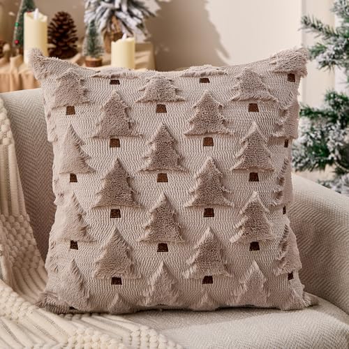 Image of Allorry Christmas Pillow Covers 16x16 inch Set of 2 Grey Christmas Decorations Soft Plush Faux Fur Wool Christmas Tree Throw Pillow Cases Winter Holiday Decor for Sofa Living Room PT002I16
