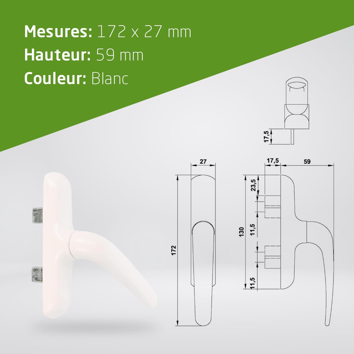 Amig Poignée pour fenêtres ouvrantes latérales aluminium PVC blanche 172 x 27 x 59 mm