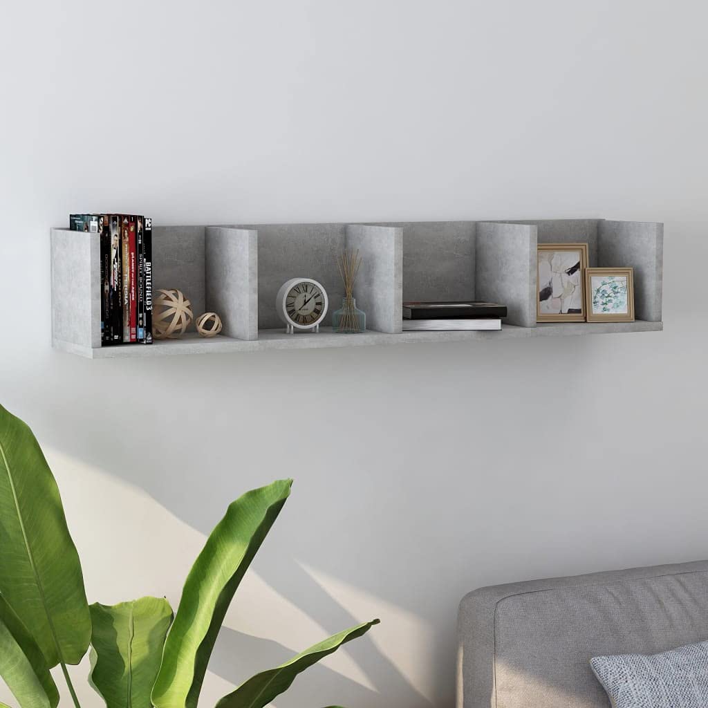 Scaffale da parete per CD, grigio cemento, 100 x 18 x 18 cm, scaffale per DVD montato a parete in legno con 4 scomparti, mensola sospesa per collezioni musicali, dischi in vinile e accessori