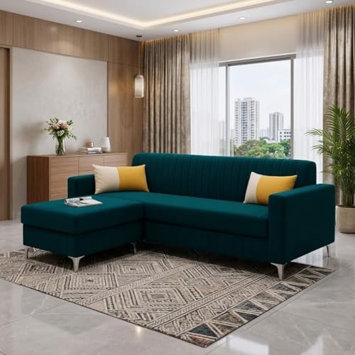 Image of SOCOZI Anton 4 Seater L Shape Sofa Set with Movable Ottoman | Flexible Left or Right Layout | Soft Velvet Suede Fabric | Modern Design | Plush Comfort Cushion for Living Room (Greenish Teal)