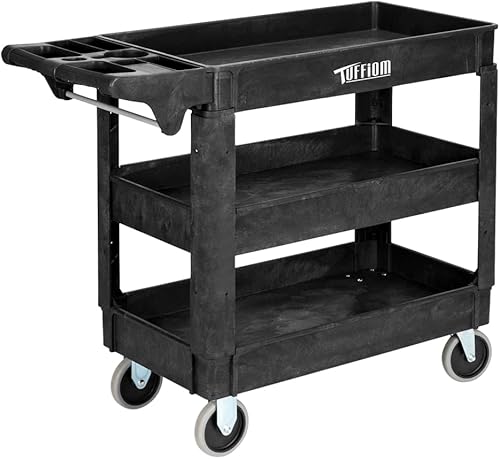 TUFFIOM Plastic Service Utility Cart, Support 550lbs Capacity Ergonomic Handle, Heavy Duty Tub Storage Cart WDeep Shelves, Multipurpose Rolling