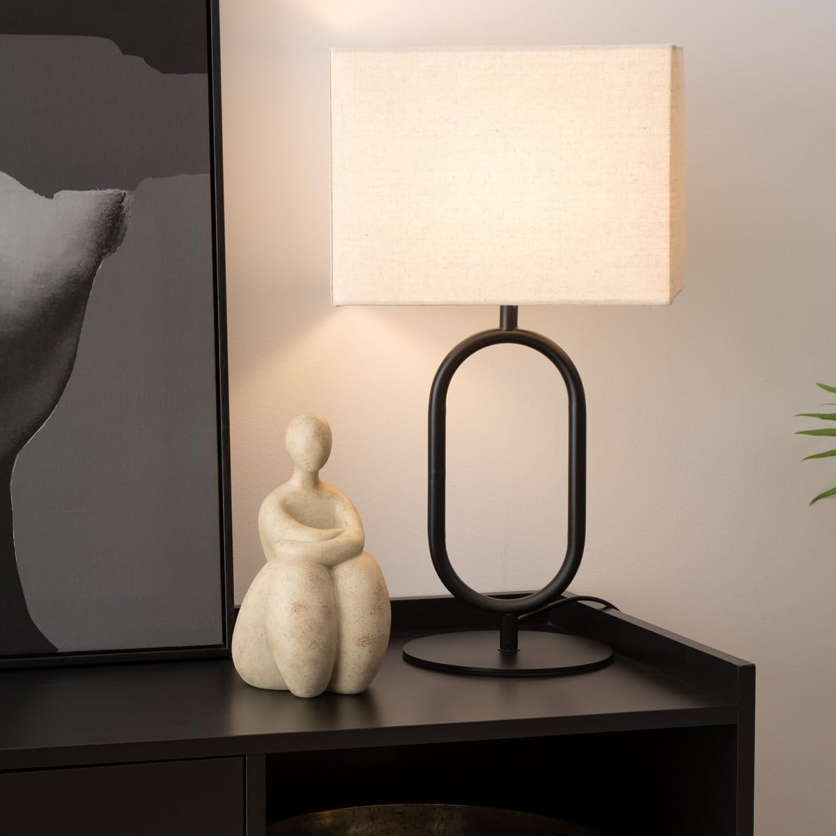 Atmosphera - Lampe à Poser Alec - Noir et Naturel - H 52 cm - Pied Design en Métal, Abat-Jour en Lin - Pour Salon, Chambre, Bureau