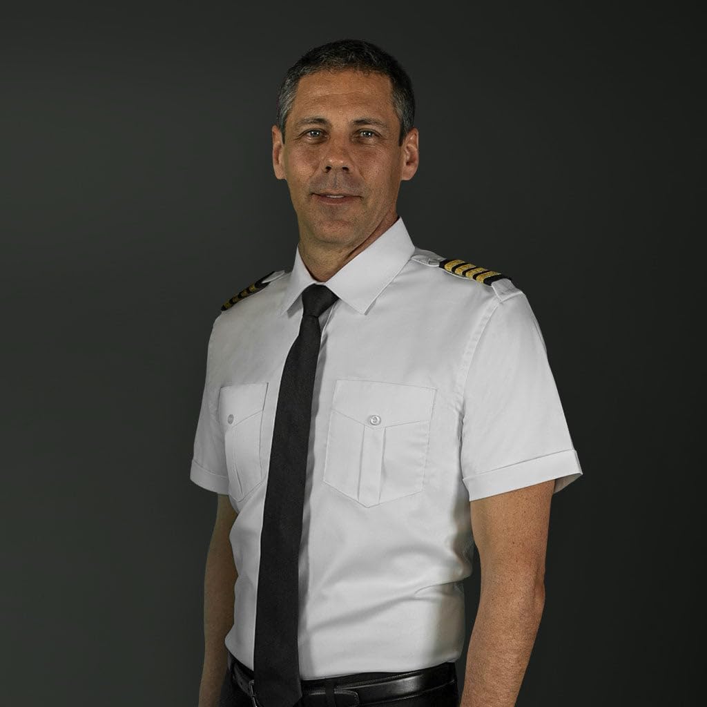 Men’s Pilot Shirt – Modern Fit Aviator Uniform Shirt, Short Sleeve, Stretch Fabric, Epaulette Tabs