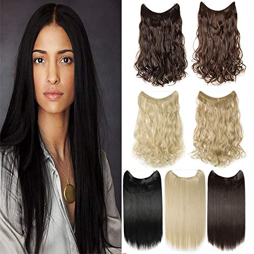 Hair Extensions 20" 90G Invisible Wire No Clips in Full Head Hair Extension Secret Rubber Band Hairpieces Real Natural Human Made Synthetic Hair for Women dark black(straight)