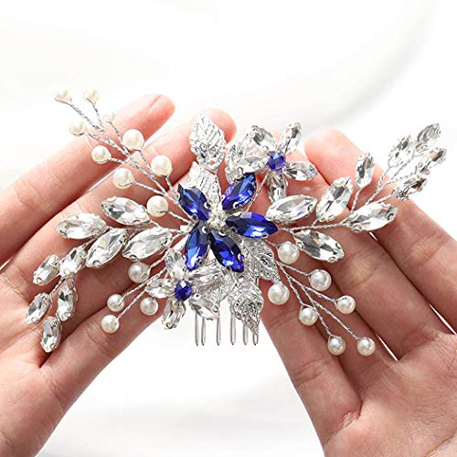 LittleB Crystal Wedding Hair Comb Blue Bridal Hair Accessories Silver Flower Headpiece for Brides and Bridesmaids