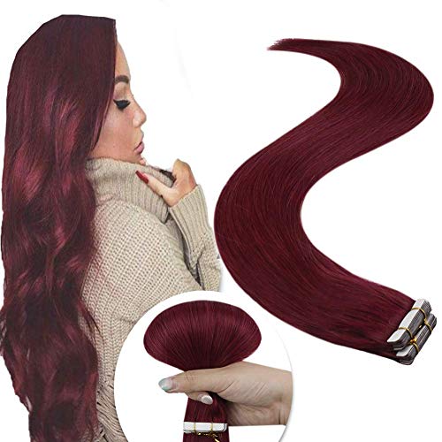 JoYoung Burgundy Tape in Extensions Remy Hair Double Side Human Hair Tape Extensions,Wine Red Tape on Hair Extensions 10pcs 25gram 20inch